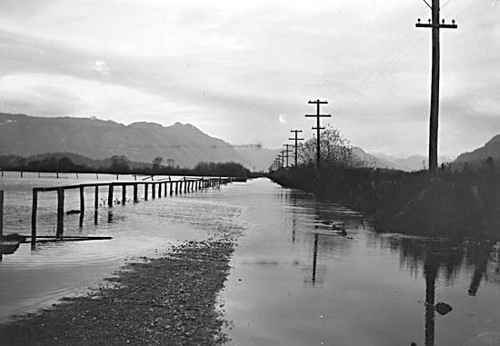 View of road covered by water in Pitt Meadows