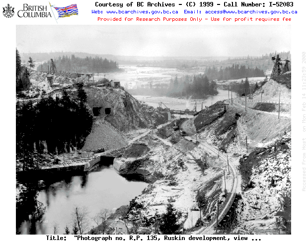 "Photograph no. R.P. 135, Ruskin development, view taken from north side, showing upstream end of tunnels, upstream temporary cofferdam and section of flume, also old and new railway locations".
