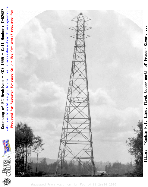 "Ruskin H.T. Line, first tower north of Fraser River, taken from north side", photograph no. R.P. 276.