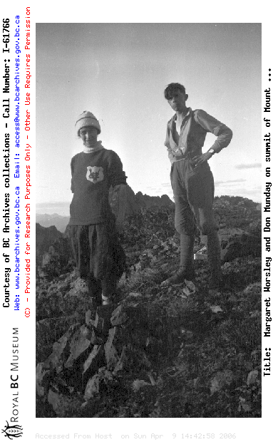 Margaret Worsley and Don Munday on summit of Mount Blanchard, first ascent; box 38, "Goldern Ears".