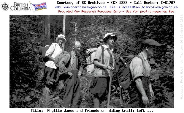 Phyllis James and friends on hiding trail; left to right, possibley Margaret Worsley, T.R. (Robbie) Robinson, Phyllis James, unidentified man; Golden Ears area; box 38 "Golden Ears".