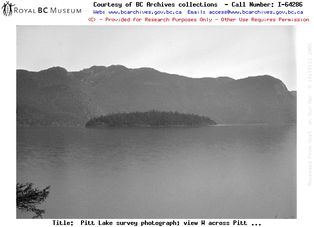 Pitt Lake survey photograph; view W across Pitt Lake and Goose Island.